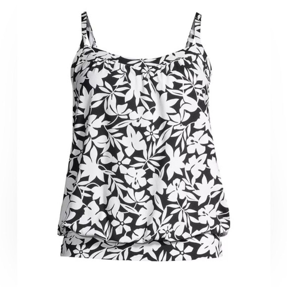 Lands End Women’s Blouson Tummy Hiding Tankini Swimsuit Top Size 8 Black White